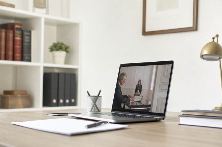 Cuffie senza fili e mouse davanti a un monitor acceso su una scrivania ordinata